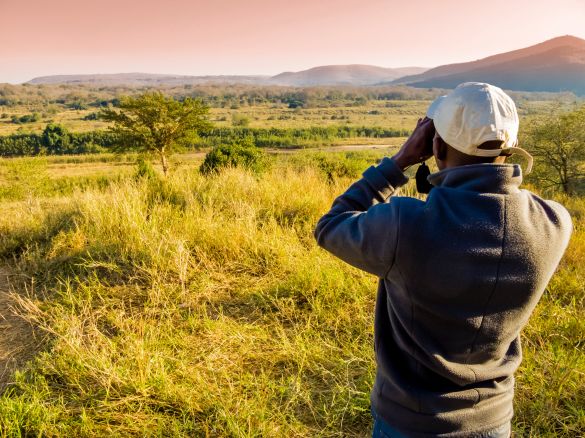 Man in African bush looking through binoculars